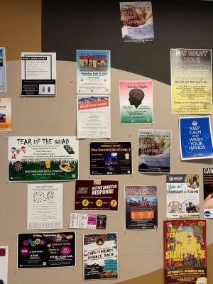 A bulletin board in Kehr Union displaying flyers for different campus events.