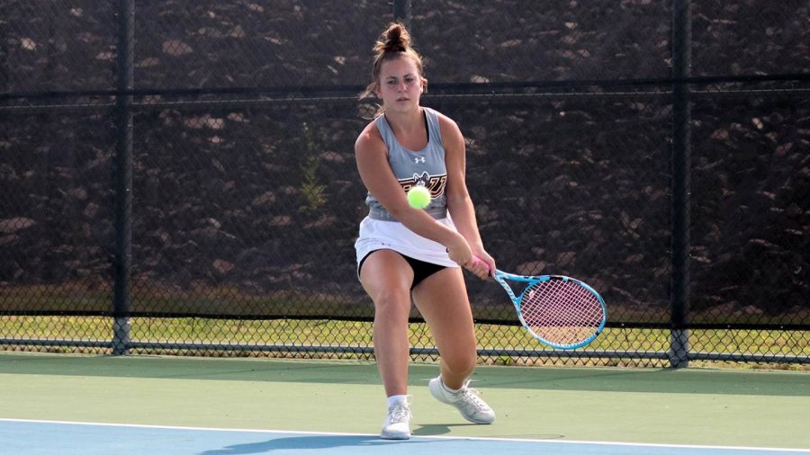 The women’s tennis team defeated Chestnut Hill College this past Sunday by a score of 4-3, Sarah Capoferri (pictured above) won the final match to secure the victory.