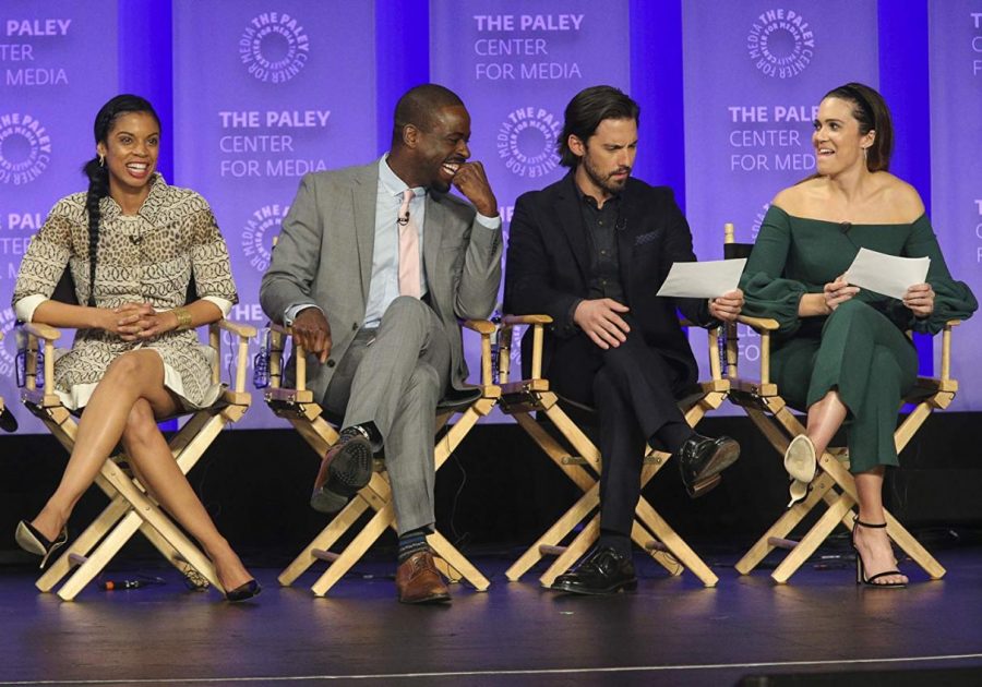 ‘This is Us’ cast (left to right) Susan Kelechi Watson, Sterling K. Brown, Milo Ventimiglia, and and Mandy Moore speaking at panel.