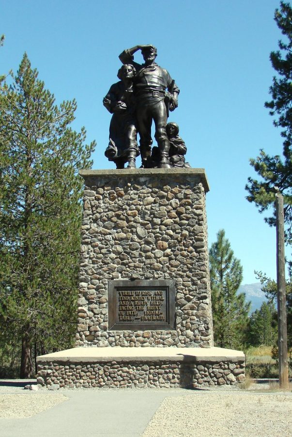 A memorial at Donner Party State Park in CA. The plaque reads as follows: “Virile to risk and find; kindly withal and a ready help. Facing the brunt of fate; Indomitable, - unafraid.”
