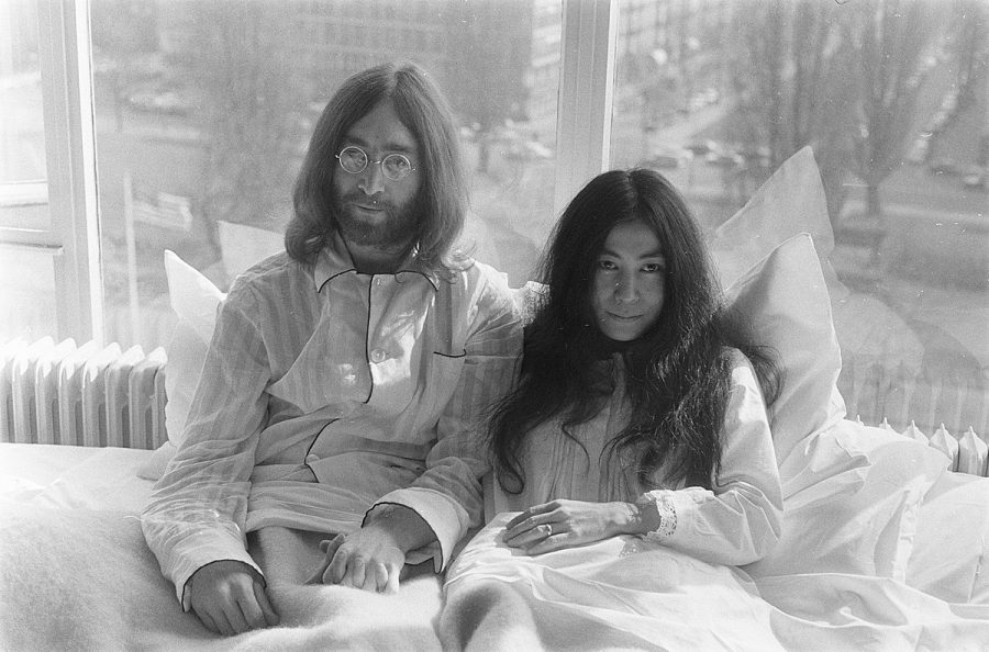 Lennon with second wife, Yoko Ono, at their “Bed-In for Peace” in 1969.