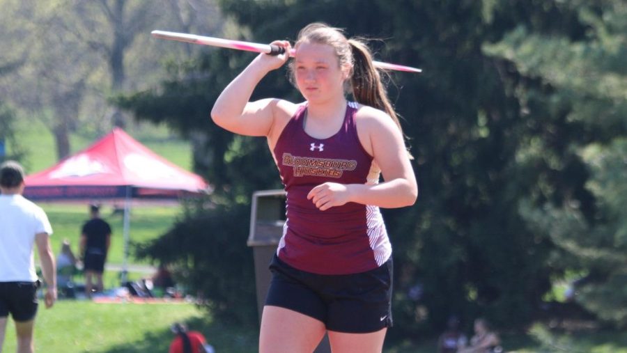 Kelly Leszcynski gets ready to toss the Javelin. Photo via Athletic Marketing and Communications