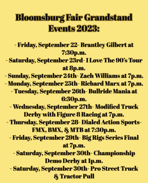 Bloomsburg Fair Grandstand Events 2023. Graphic by Carly Busfield.