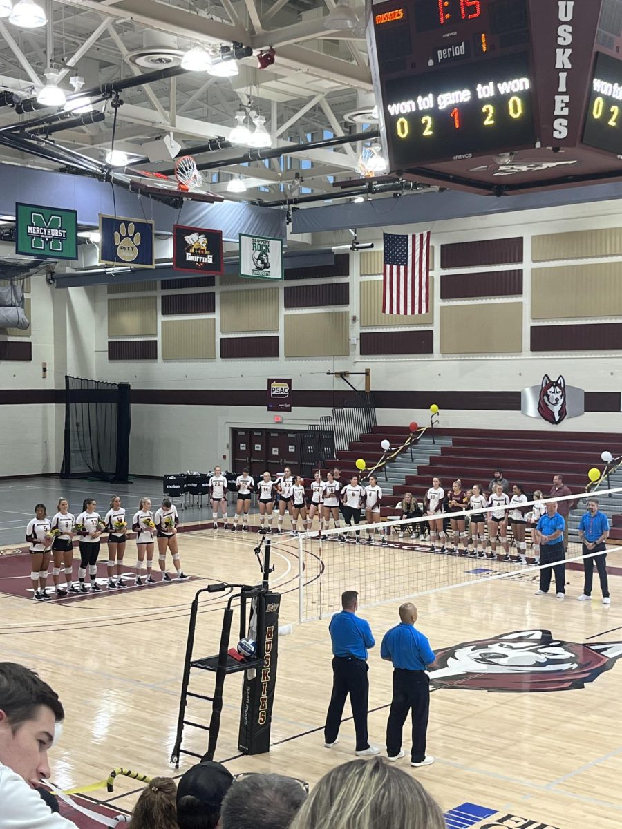 BU Huskies Volleyball seniors hold their bouquets as their are celebrated on Senior Night. 