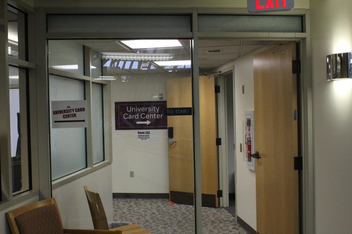 The new location of the Student Card Center. The new location is on the second floor of the Student Service Center in the back left corner as you come up the stairs. 