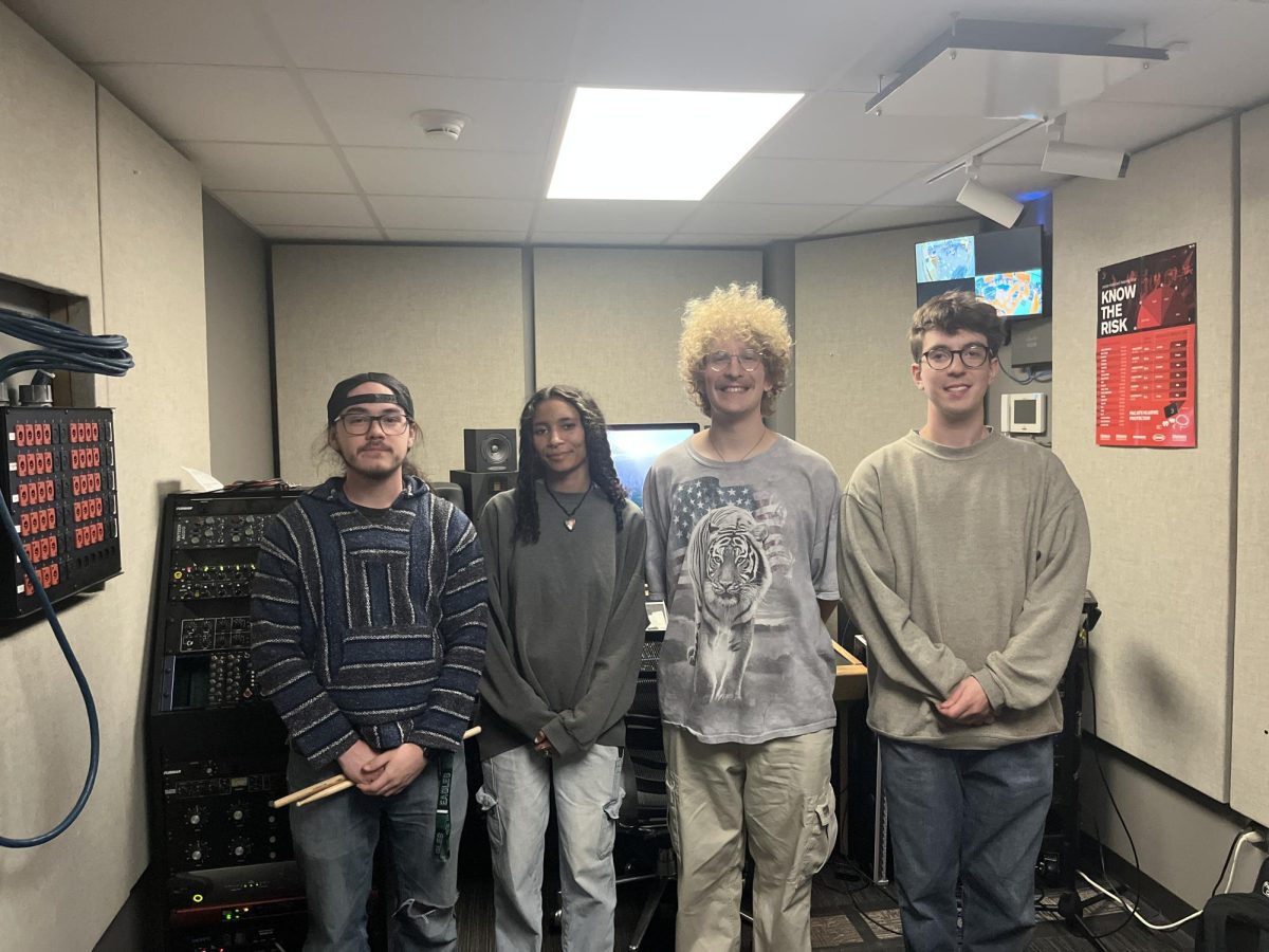 The executive board members of the Audio Club. From left to right: Andrew Febus, Kaylee Jenkins, Thomas Chandler, and Ethan Witwer.