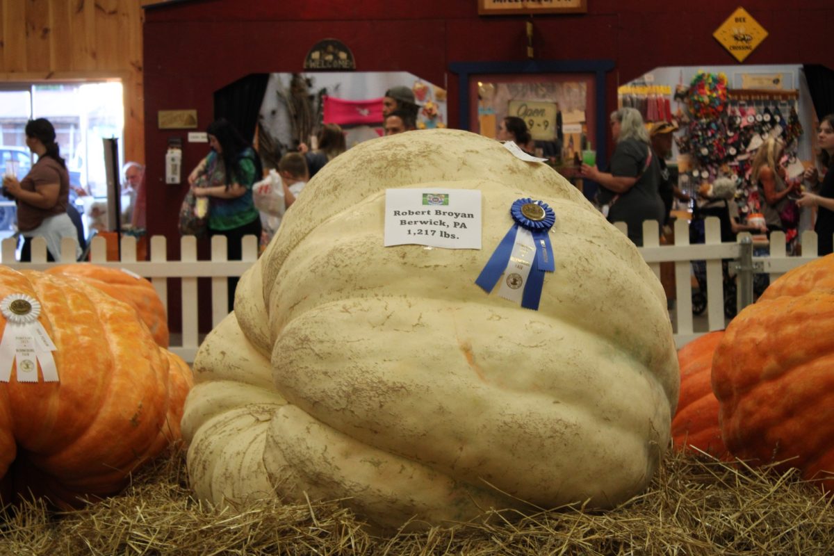 1,217-pound winning pumpkin in the Agricultural building at the Bloomsburg Fair.
