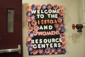 Womens/LGBTQA+ Resource Center welcome sign.
