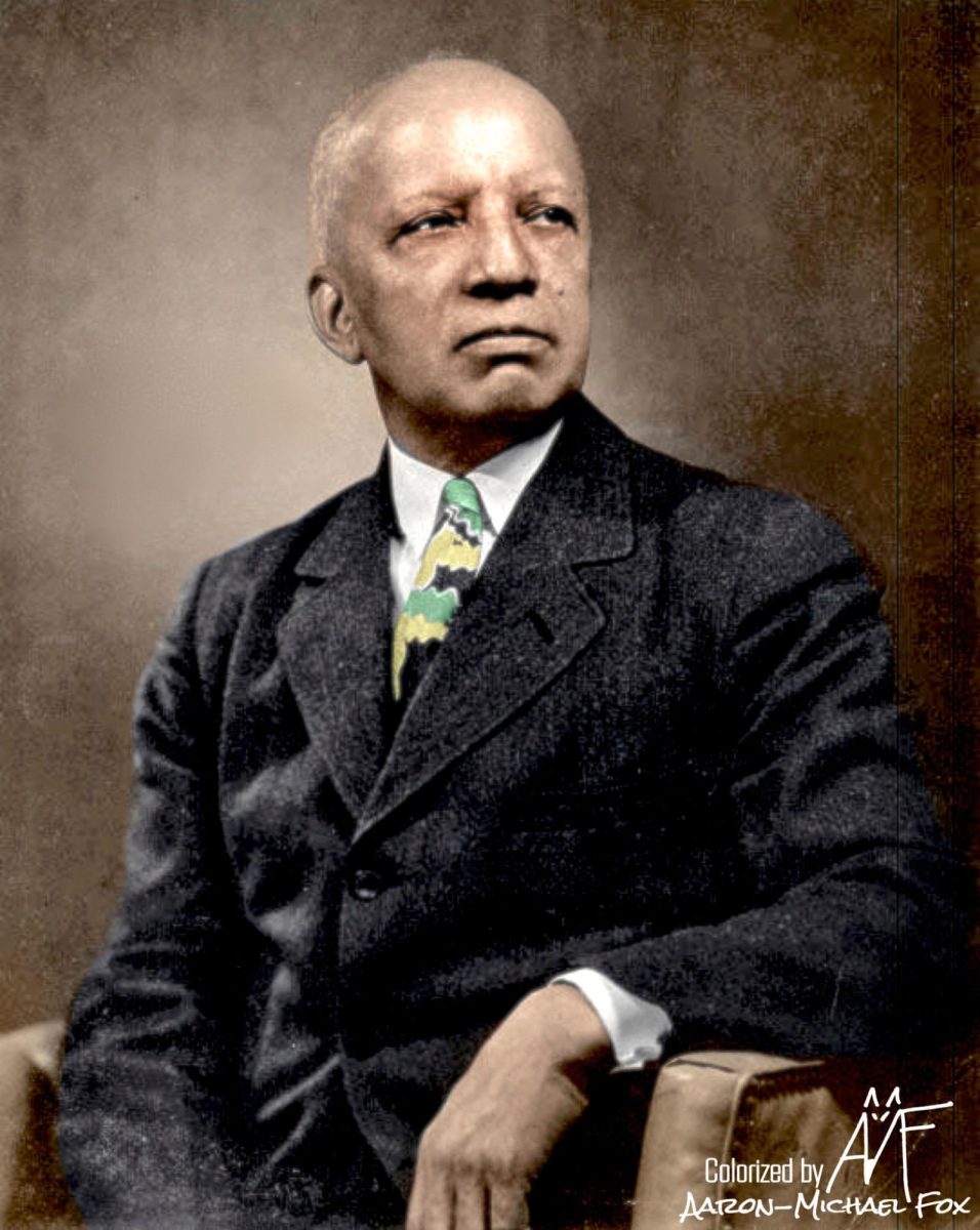Historical colorized portrait of Carter G. Woodson.
Courtesy of Downtown huntington- Aaron-Michael Fox.