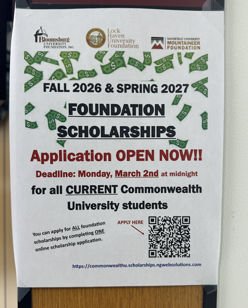 A flyer with a QR code to apply to foundation scholarships.
