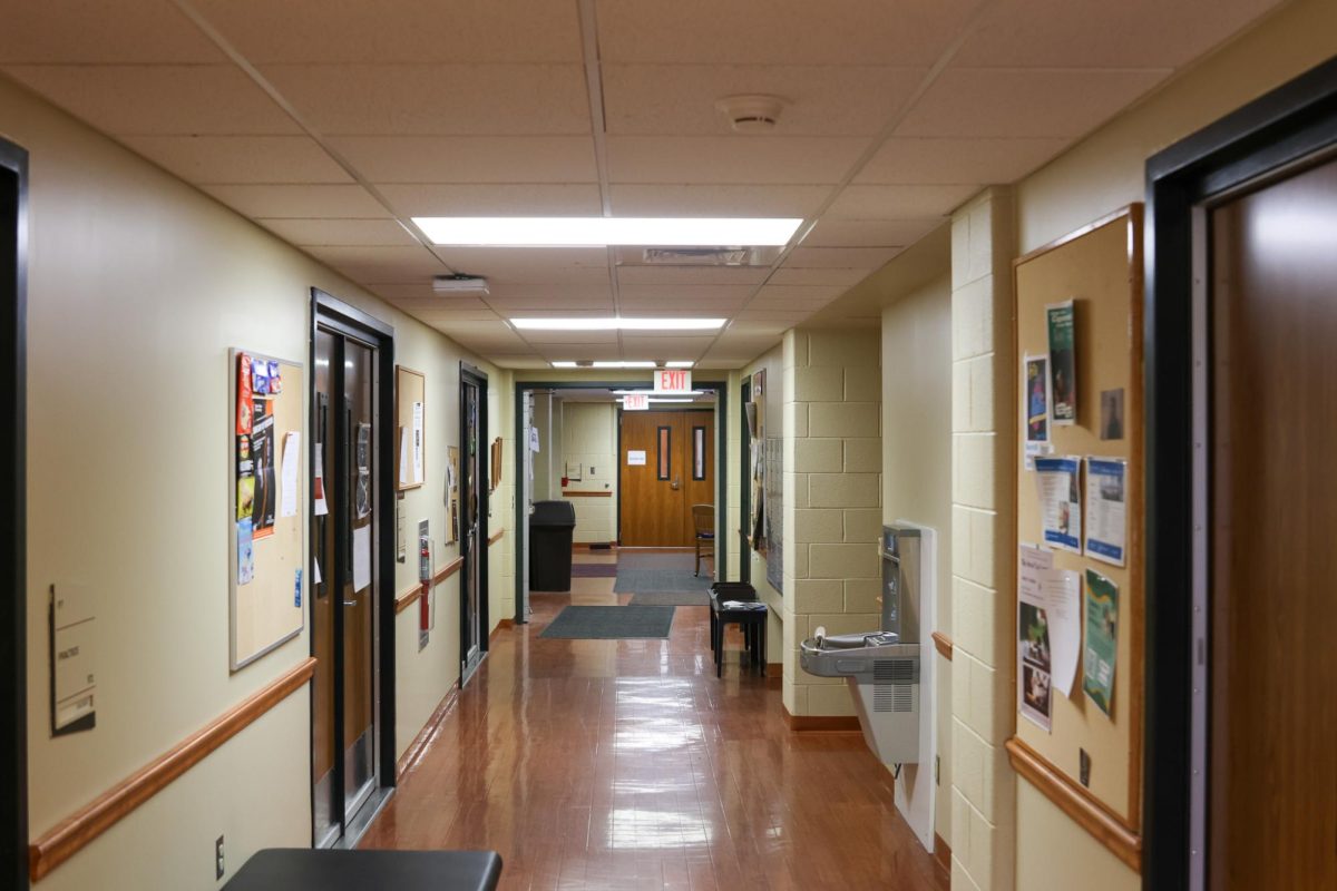 An empty hallway in the Haas Center, where music students go to practice, rehearse and learn.